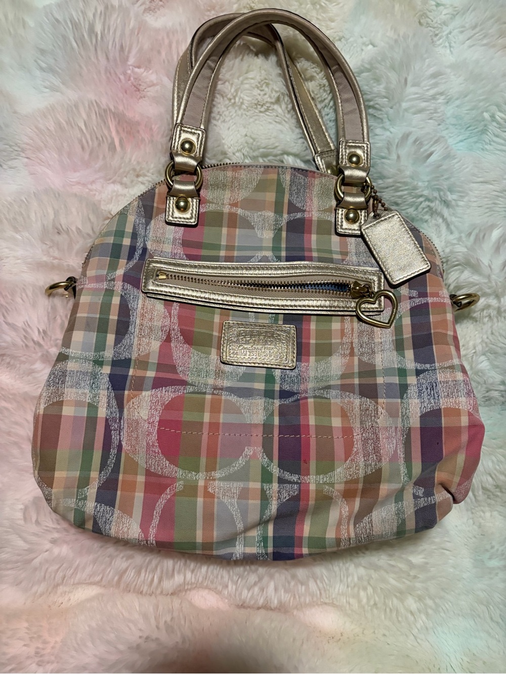 Coach Poppy Plaid Multicolor Shoulder Bag with Gold Accents